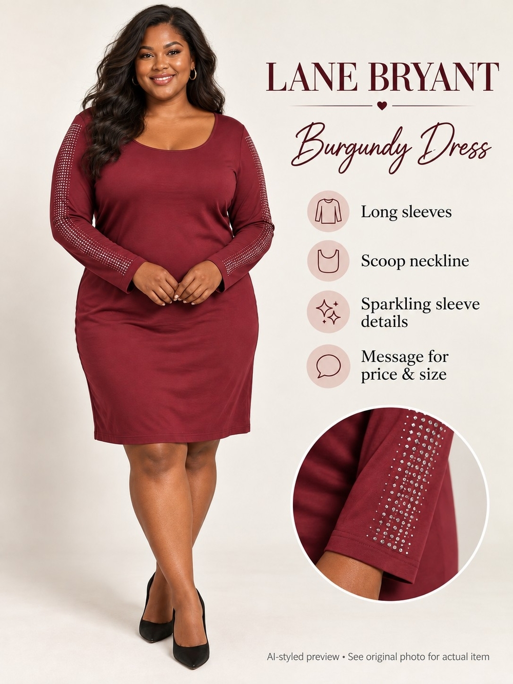 Lane Bryant Wine Scoop-Neck Long Sleeve Dress with Sparkling Sleeve Details